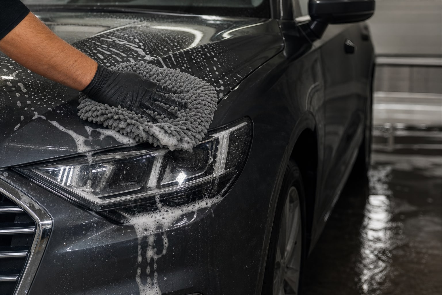 Visuel illustratif : un professionnel lave le capot d’une voiture avec un gant et de la mousse